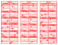 2034-35-36 3 Year Calendar - Red