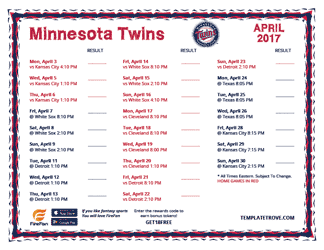 April 2017 Minnesota Twins Printable Schedule