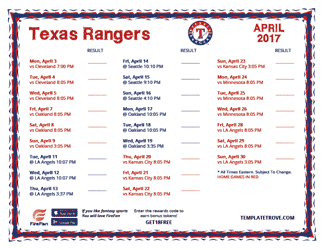 April 2017 Texas Rangers Printable Schedule