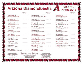 April 2018 Arizona Diamondbacks Printable Schedule