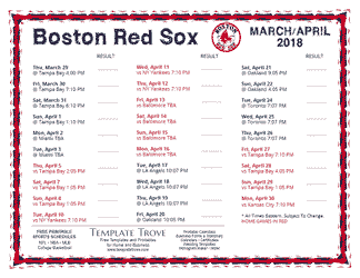 April 2018 Boston Red Sox Printable Schedule