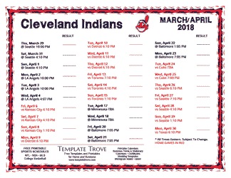 April 2018 Cleveland Indians Printable Schedule