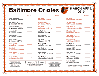 April 2019 Baltimore Orioles Printable Schedule