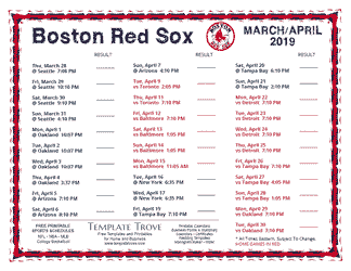 April 2019 Boston Red Sox Printable Schedule