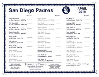 April 2019 San Diego Padres Printable Schedule