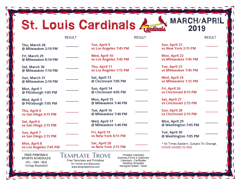 Printable 2019 St. Louis Cardinals Schedule
