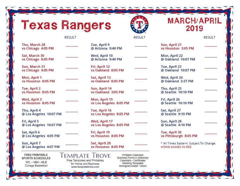 Printable 2019 Texas Rangers Schedule