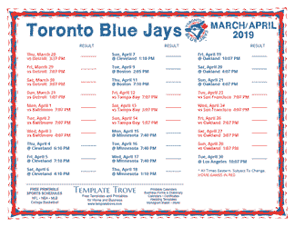 April 2019 Toronto Blue Jays Printable Schedule