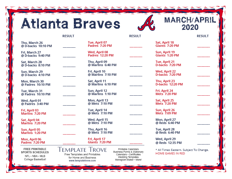 Atlanta Braves 2022 Printable Schedule - Printable Blank World