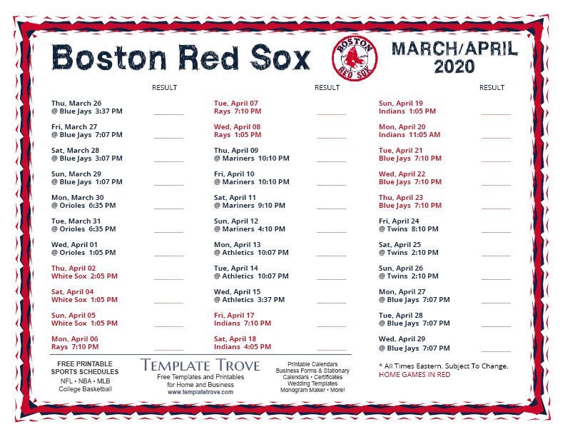 Red Sox 2022 Schedule Printable Customize and Print