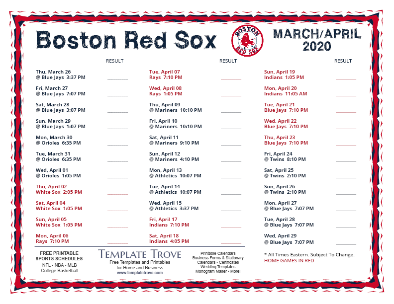 Printable 2020 Boston Red Sox Schedule