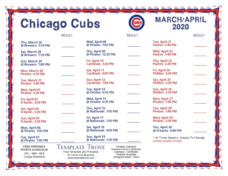 Chicago Cubs Printable Schedule