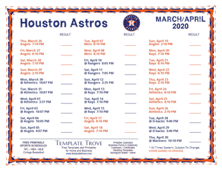 April 2020 Houston Astros Printable Schedule