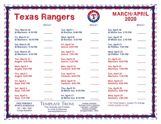 April 2020 Texas Rangers Printable Schedule