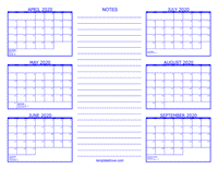 2020 6 Month Calendar