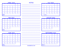 2022 6 Month Calendar