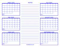 2025 6 Month Calendar