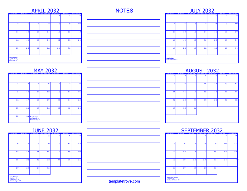 6 Month Calendar 2032 6 Month Calendar 2032