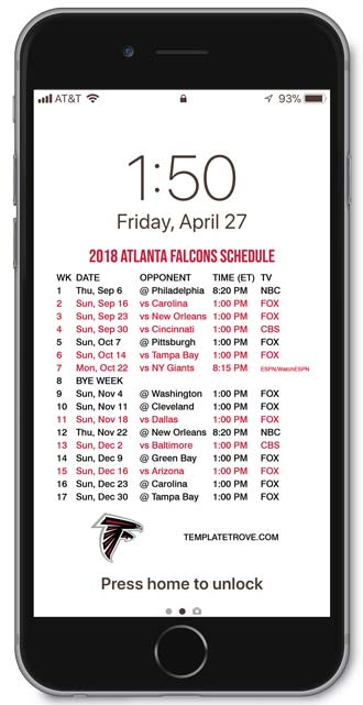 2018 Atlanta Falcons Lock Screen Schedule
