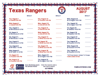 August 2017 Texas Rangers Printable Schedule