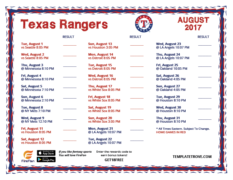 Printable 2017 Texas Rangers Schedule