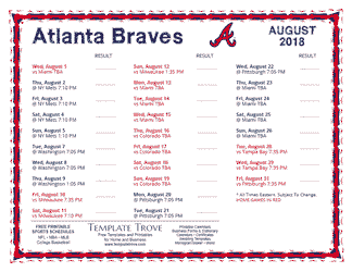 August 2018 Atlanta Braves Printable Schedule