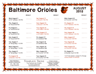 August 2018 Baltimore Orioles Printable Schedule