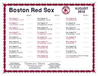 August 2018 Boston Red Sox Printable Schedule