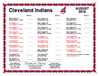 August 2018 Cleveland Indians Printable Schedule