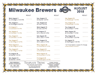 August 2018 Milwaukee Brewers Printable Schedule