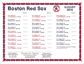 August 2019 Boston Red Sox Printable Schedule