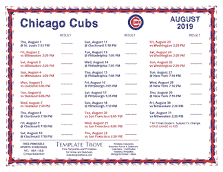 August 2019 Chicago Cubs Printable Schedule