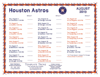 August 2019 Houston Astros Printable Schedule