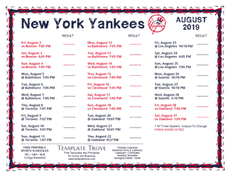 August 2019 New York Yankees Printable Schedule