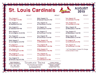 August 2019 St. Louis Cardinals Printable Schedule
