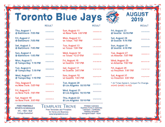 August 2019 Toronto Blue Jays Printable Schedule