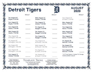 August 2020 Detroit Tigers Printable Schedule