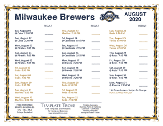 August 2020 Milwaukee Brewers Printable Schedule