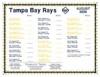 August 2020 Tampa Bay Rays Printable Schedule