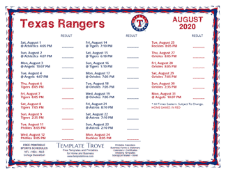 August 2020 Texas Rangers Printable Schedule