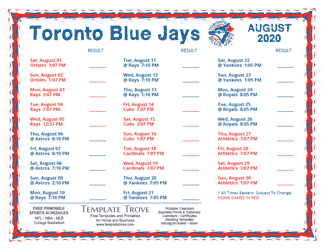 August 2020 Toronto Blue Jays Printable Schedule