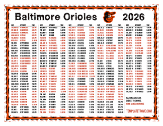 Eastern Times 2026
 Baltimore Orioles Printable Schedule