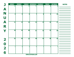 Free Calendars to Print 2026 - Green