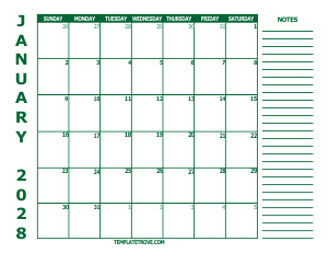 Free Calendars to Print 2028 - Green