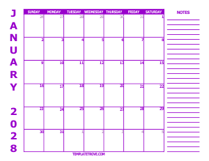 Free Calendars to Print 2028 - Purple