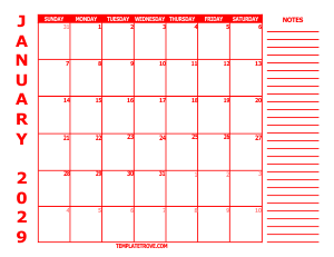 Free Calendars to Print 2029 - Red
