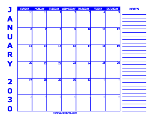 2030 Free Calendars to Print - Blue