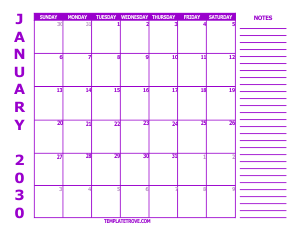 Free Calendars to Print 2030 - Purple