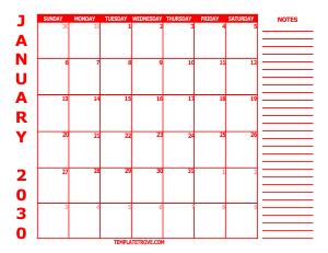 Free Calendars to Print 2030 - Red