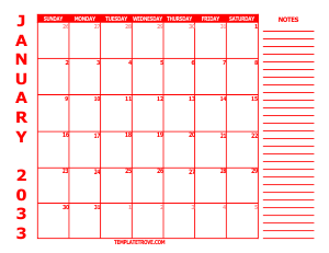 Free Calendars to Print 2033 - Red
